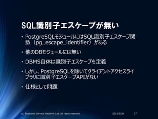 SQL識別子エスケープが無い
• PostgreSQLモジュールにはSQL識別子エスケープ関
数（pg_escape_identifier）がある
• 他のDBモジュールには無い
• DBMS自体は識別子エスケープを定義
• しかし、PostgreSQLを除いてクライアントアクセスライ
ブラリに識別子エスケープAPIがない
• 仕様として問題
2015/5/30(c) Electronic Service Initiative, Ltd. All rights reserved. 37
 