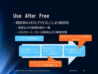 Use After Free
• 開放済みメモリにアクセスしてしまう脆弱性
• 高度なメモリ破壊攻撃の一種
• スタックオーバーフローは単純なメモリ破壊攻撃
2015/5/30(c) Electronic Service Initiative, Ltd. All rights reserved. 65
別の変数のメモリ
が割り当てられる
解放後のポインタ
を使い不正にメモ
リに書き込み
別の変数のメモリ
が開放される
メモリの解放後に
メモリマネージャーのデス
トラクタを書き換える
改ざんデストラクタが実行
される
 