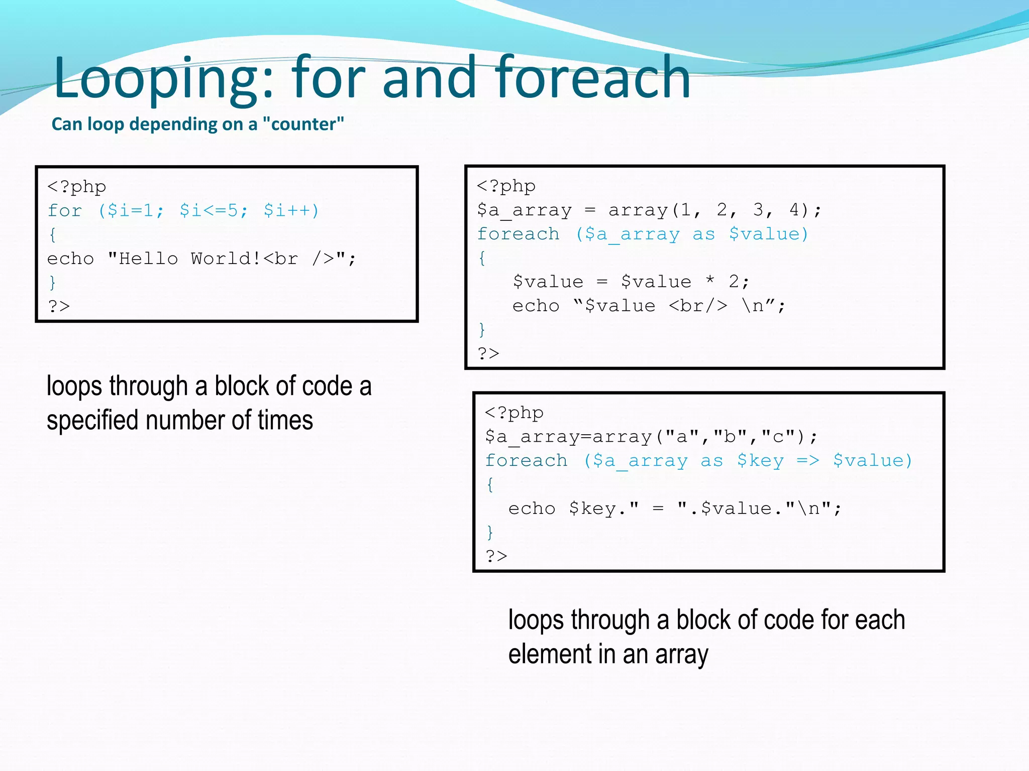 Looping: for and foreach Can loop depending on a "counter" <?php for ($i=1; $i<=5; $i++) { echo "Hello World!<br />"; } ?> loops through a block of code a specified number of times <?php $a_array = array(1, 2, 3, 4); foreach ($a_array as $value) { $value = $value * 2; echo “$value <br/> n”; } ?> loops through a block of code for each element in an array <?php $a_array=array("a","b","c"); foreach ($a_array as $key => $value) { echo $key." = ".$value."n"; } ?> 
