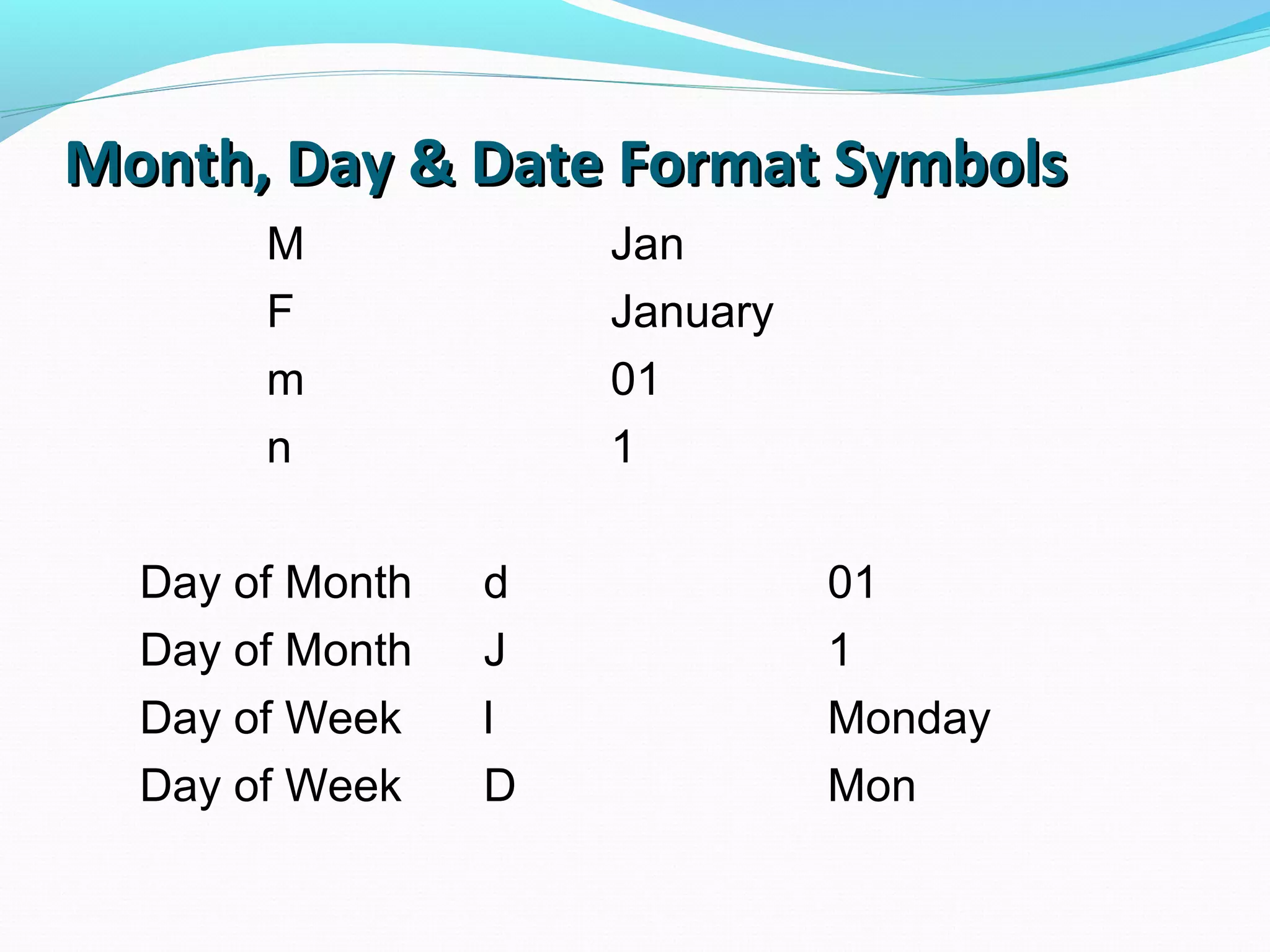 Month, Day & Date Format SymbolsMonth, Day & Date Format Symbols M Jan F January m 01 n 1 Day of Month d 01 Day of Month J 1 Day of Week l Monday Day of Week D Mon 