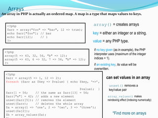 Arrays
An array in PHP is actually an ordered map. A map is a type that maps values to keys.
array() = creates arrays<?php
$arr = array("foo" => "bar", 12 => true);
echo $arr["foo"]; // bar
echo $arr[12]; // 1
?>
key = either an integer or a string.
value = any PHP type.
<?php
array(5 => 43, 32, 56, "b" => 12);
array(5 => 43, 6 => 32, 7 => 56, "b" => 12);
?>
if no key given (as in example), the PHP
interpreter uses (maximum of the integer
indices + 1).
if an existing key, its value will be
overwritten.
<?php
$arr = array(5 => 1, 12 => 2);
foreach ($arr as $key => $value) { echo $key, ‘=>’,
$value); }
$arr[] = 56; // the same as $arr[13] = 56;
$arr["x"] = 42; // adds a new element
unset($arr[5]); // removes the element
unset($arr); // deletes the whole array
$a = array(1 => 'one', 2 => 'two', 3 => 'three');
unset($a[2]);
$b = array_values($a);
can set values in an array
unset() removes a
key/value pair
*Find more on arrays
array_values() makes
reindexing effect (indexing numerically)
 