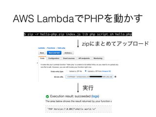 AWS LambdaでPHPを動かす
$ zip -r hello-php.zip index.js lib php script.sh hello.php
zipにまとめてアップロード
実行
 