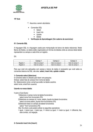 26
APOSTILA DE PHP
10º Aula
Assuntos a serem abordados:
• Comandos SQL
• Select
• Insert into
• Update
• Delete
• Verificação da Aprendizagem (Ver caderno de exercícios)
01. Comando SQL
A linguagem SQL é a linguagem usada para manipulação de banco de dados relacionais. Neste
Banco de Dados, os dados estão organizados em formas de tabelas onde as colunas desta tabela
representam os campos e cada linha um registro.
EX:
Campo 1 Campo 2 Campo 3
Registro 1 Valor do campo1 Valor do campo 2 Valor do campo 3
Registro 2 Valor do campo 1 Valor do campo 2 Valor do campo 3
Para que você crie aplicações com acesso a banco de dados é necessário que você saiba os
comandos básicos de SQL, são eles: select, insert into, update e delete.
1- Comando select (Selecione)
O comando select é utilizado para fazer uma pesquisa.
Sintaxe: select lista de campos from nome da tabela
Ex: Selecionando nome e email que estão na tabela usuários
select nome, email from usuarios
Usando na nossa tabela:
Ir para a Guia Query
1)Selecione o campo nome da tabela funcionários
select nome from funcionário (F9)
2)Selecione os campos cd, nome, salário_liquido da tabela funcionários
select cd,nome,salario_liquido from funcionários (F9)
3)Selecione todos os campos da tabela funcionários
select * from funcionários (F9)
Obs: No where você poderá utilizar os seguintes operadores:
= igual, < menor que, > maior que, <= menor ou igual, >= maior ou igual, <> diferente, like,
esta contido, not negação.
2- Comando insert into (Inserir)
 
