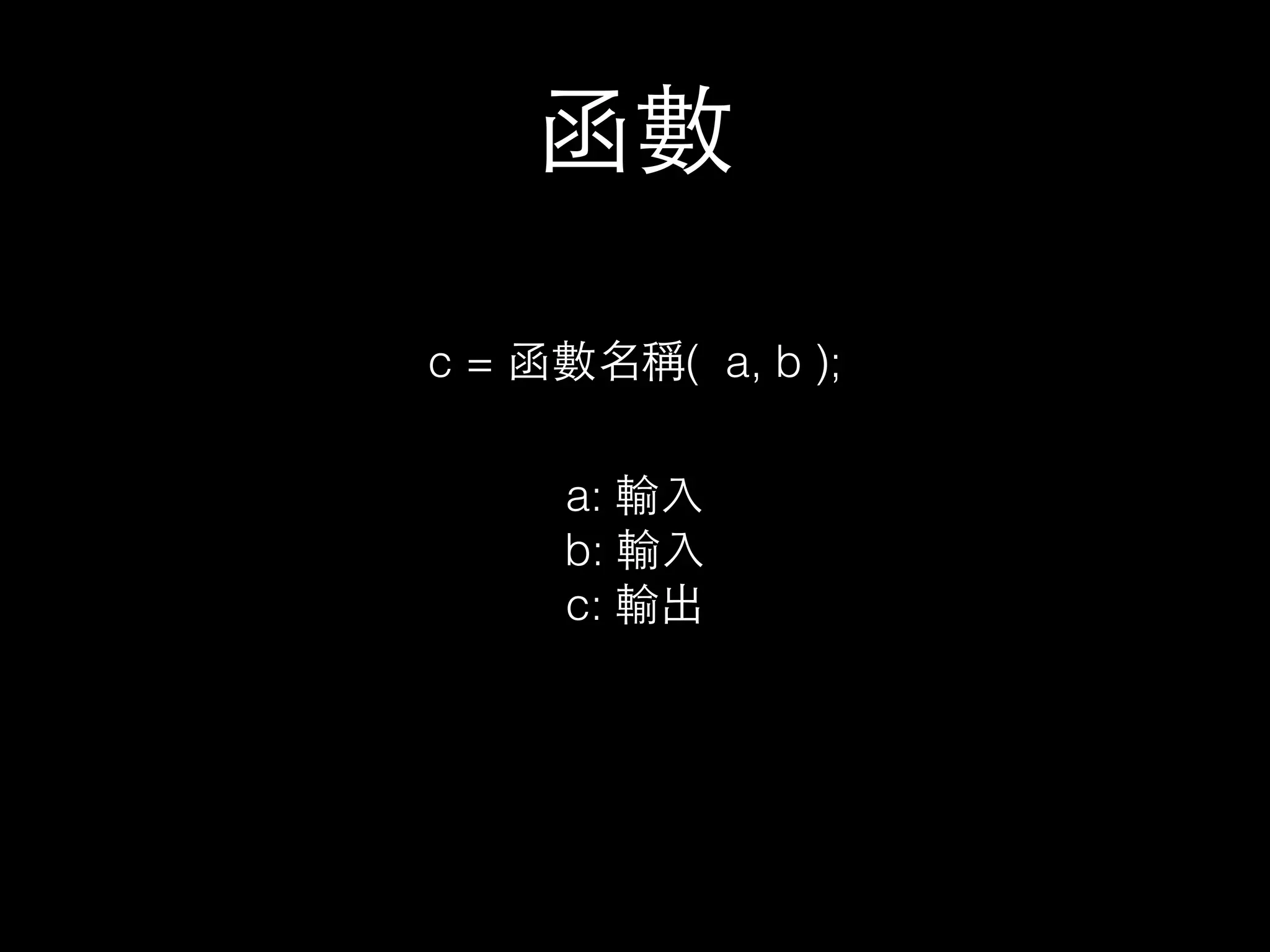 函數
c = 函數名稱( a, b );
a: 輸⼊入
b: 輸⼊入
c: 輸出
 