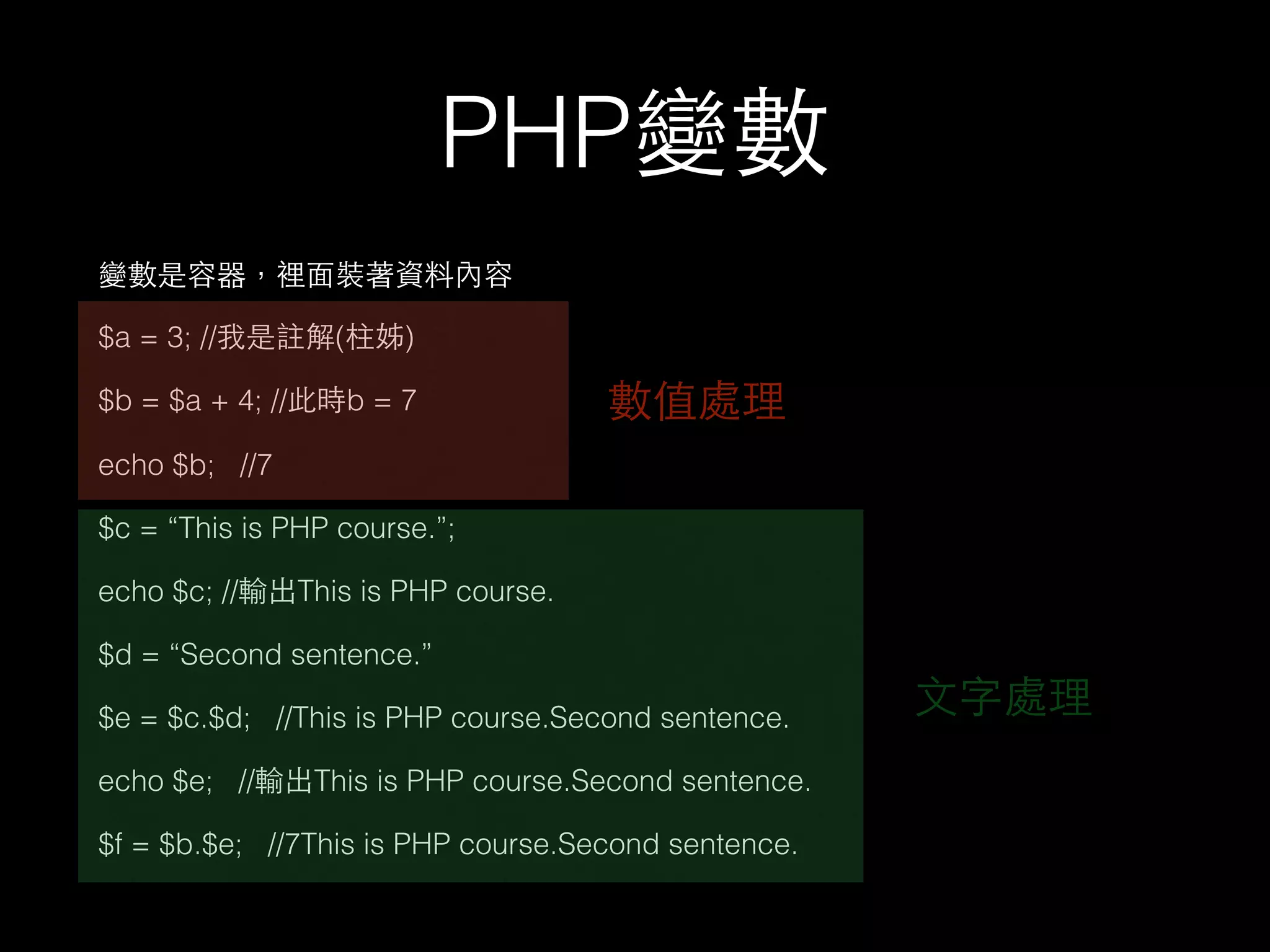 PHP變數
變數是容器，裡⾯面裝著資料內容
$a = 3; //我是註解(柱姊)
$b = $a + 4; //此時b = 7
echo $b; //7
$c = “This is PHP course.”;
echo $c; //輸出This is PHP course.
$d = “Second sentence.”
$e = $c.$d; //This is PHP course.Second sentence.
echo $e; //輸出This is PHP course.Second sentence.
$f = $b.$e; //7This is PHP course.Second sentence.
數值處理
⽂文字處理
 