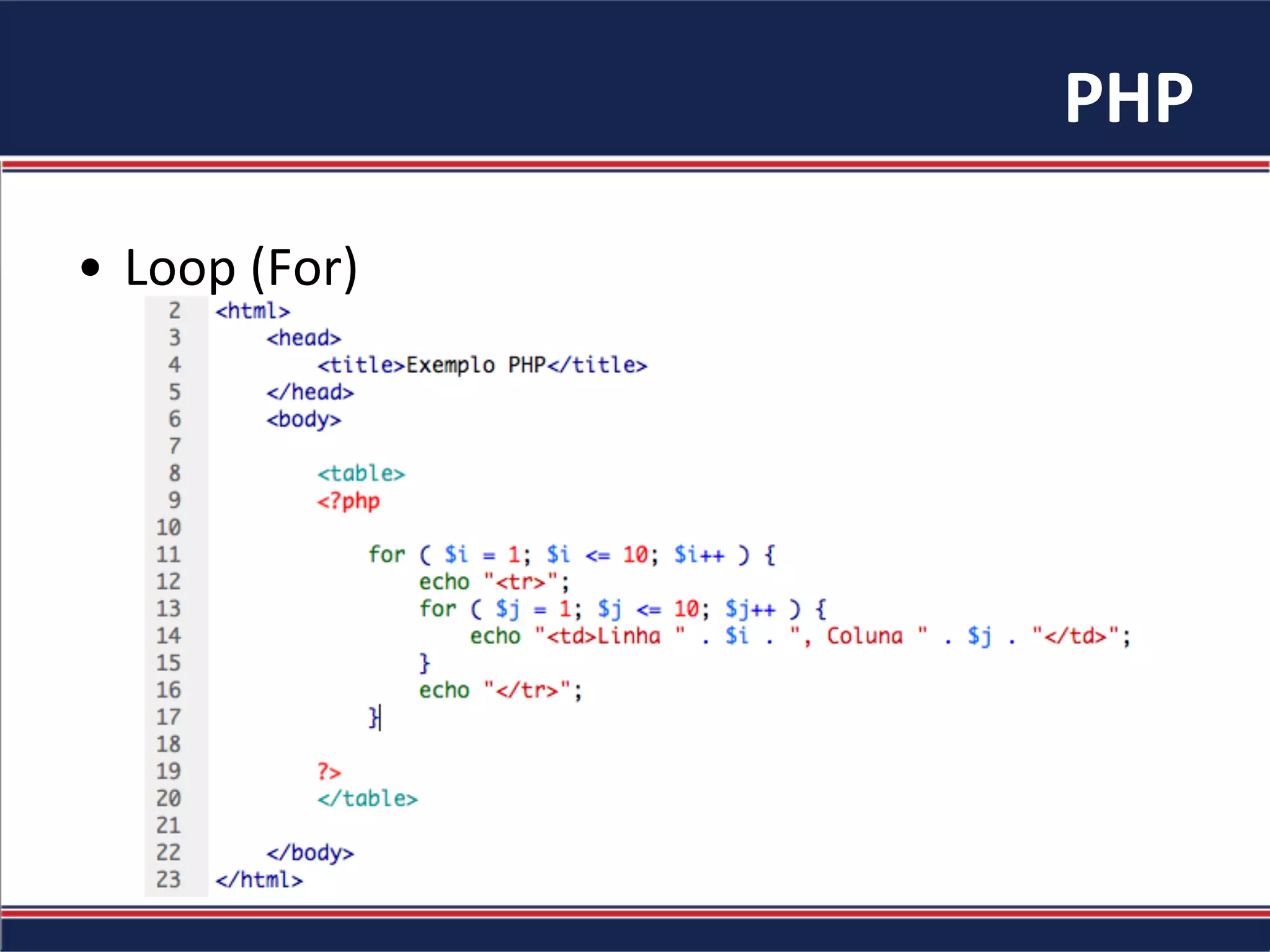 PHP	
•  Loop	(For)	
 