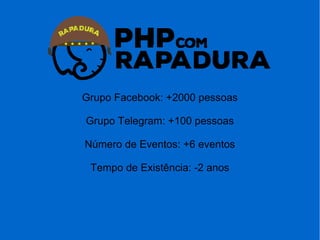 Grupo Facebook: +2000 pessoas
Grupo Telegram: +100 pessoas
Número de Eventos: +6 eventos
Tempo de Existência: -2 anos
 