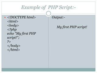 Example of PHP Script:-
 <!DOCTYPE html>
<html>
<body>
<?php
echo "My first PHP
script!";
?>
</body>
</html>
Output:-
My first PHP script!
 