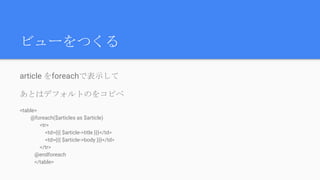 ビューをつくる
article をforeachで表示して
あとはデフォルトのをコピペ
<table>
@foreach($articles as $article)
<tr>
<td>{{{ $article->title }}}</td>
<td>{{{ $article->body }}}</td>
</tr>
@endforeach
</table>
 