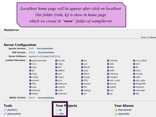 Localhost home page will be appear after click on localhost
Our folder (rida, kj) is show in home page
which we create in “www” folder of wampServer
 