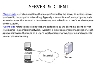 SERVER & CLIENT
*Server-side refers to operations that are performed by the server in a client–server
relationship in computer networking. Typically, a server is a software program, such
as a web server, that runs on a remote server, reachable from a user's local computer
or workstation.
*Client-side refers to operations that are performed by the client in a client–server
relationship in a computer network. Typically, a client is a computer application, such
as a web browser, that runs on a user's local computer or workstation and connects
to a server as necessary.
 