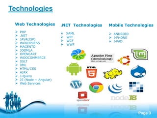 Page 3
Technologies
Web Technologies
 PHP
 .NET
 JAVA(JSP)
 WORDPRESS
 MAGENTO
 JOOMLA
 OPENCART
 WOOCOMMERCE
 XSLT
 XML
 HTML/CSS
 AJAX
 J-Query
 JS (Node + Angular)
 Web Services
.NET Technologies
 XAML
 WPF
 WCF
 WWF
Mobile Technologies
 ANDROID
 I-PHONE
 I-PAD
 