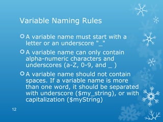 Variable Naming Rules
A variable name must start with a
letter or an underscore "_"
A variable name can only contain
alpha-numeric characters and
underscores (a-Z, 0-9, and _ )
A variable name should not contain
spaces. If a variable name is more
than one word, it should be separated
with underscore ($my_string), or with
capitalization ($myString)
12
 