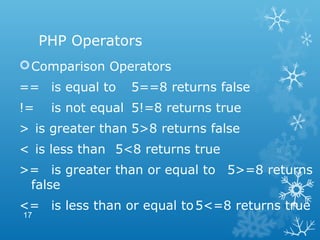 PHP Operators
Comparison Operators
== is equal to 5==8 returns false
!= is not equal 5!=8 returns true
> is greater than 5>8 returns false
< is less than 5<8 returns true
>= is greater than or equal to 5>=8 returns
false
<= is less than or equal to5<=8 returns true
17
 