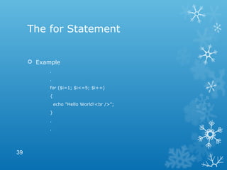 The for Statement
 Example
.
.
for ($i=1; $i<=5; $i++)
{
echo "Hello World!<br />";
}
.
.
39
 