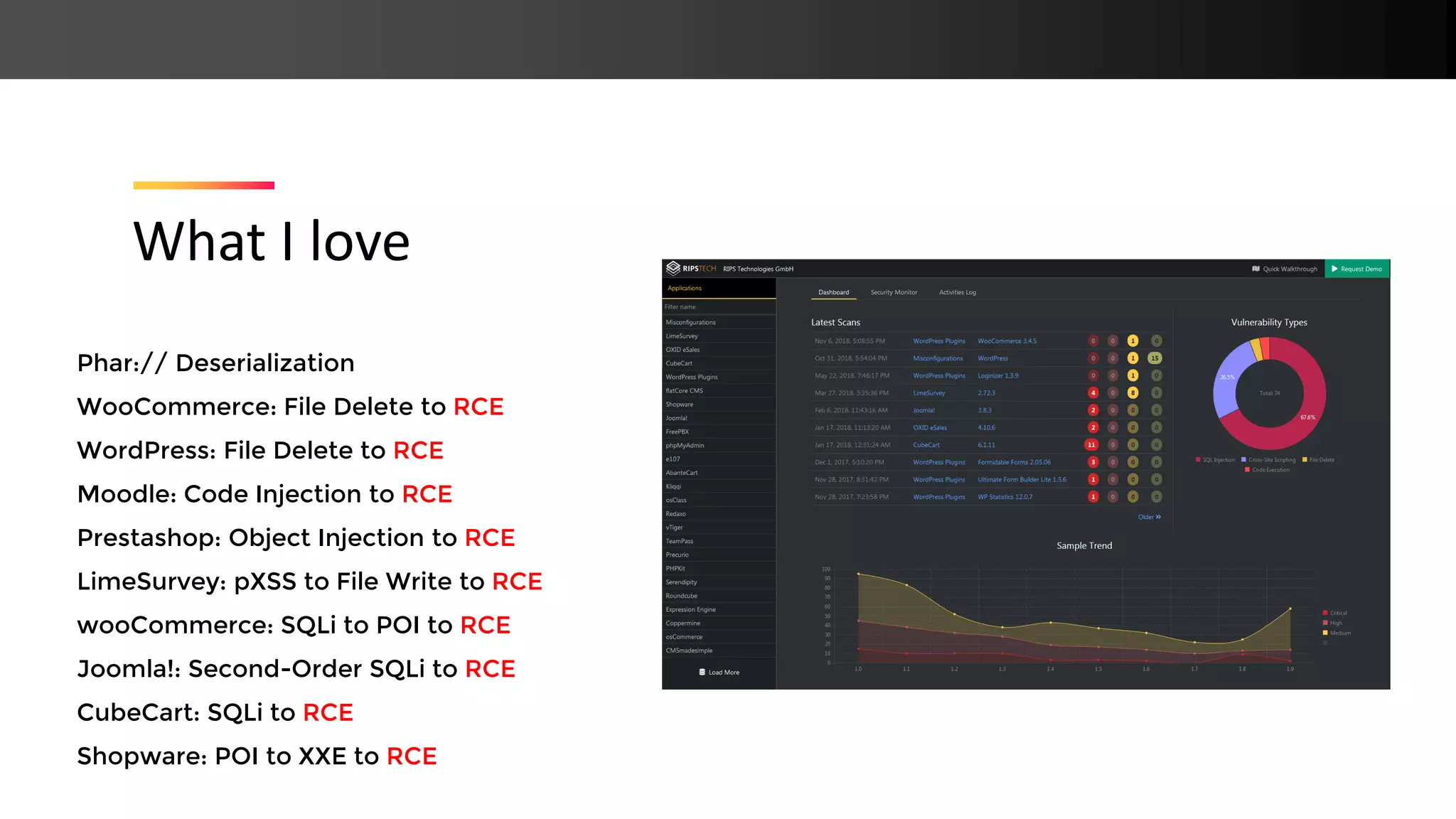 What I love Phar:// Deserialization WooCommerce: File Delete to RCE WordPress: File Delete to RCE Moodle: Code Injection to RCE Prestashop: Object Injection to RCE LimeSurvey: pXSS to File Write to RCE wooCommerce: SQLi to POI to RCE Joomla!: Second-Order SQLi to RCE CubeCart: SQLi to RCE Shopware: POI to XXE to RCE 