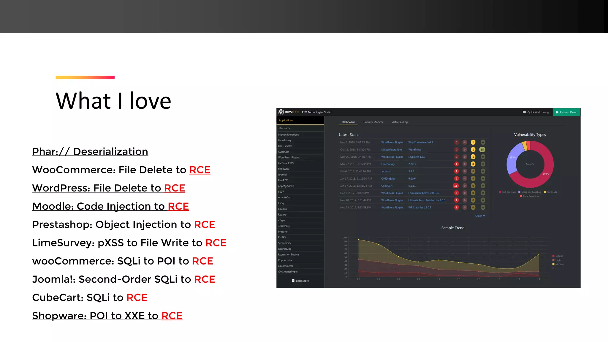 What I love Phar:// Deserialization WooCommerce: File Delete to RCE WordPress: File Delete to RCE Moodle: Code Injection to RCE Prestashop: Object Injection to RCE LimeSurvey: pXSS to File Write to RCE wooCommerce: SQLi to POI to RCE Joomla!: Second-Order SQLi to RCE CubeCart: SQLi to RCE Shopware: POI to XXE to RCE 