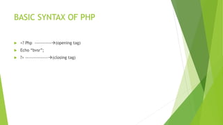 BASIC SYNTAX OF PHP
 <? Php -----------(opening tag)
 Echo “bvsr”;
 ?> ---------------(closing tag)
 