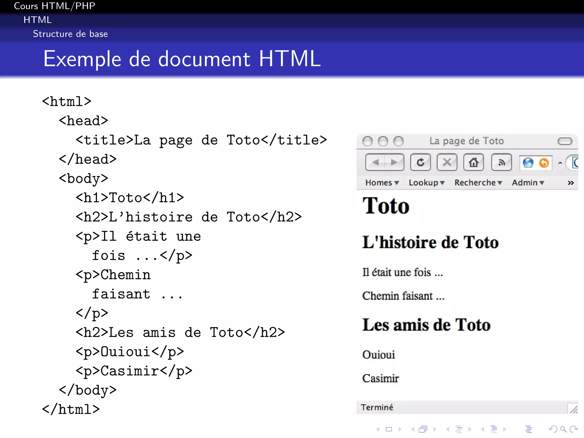 Cours HTML/PHP
HTML
Structure de base
Exemple de document HTML
<html>
<head>
<title>La page de Toto</title>
</head>
<body>
<h1>Toto</h1>
<h2>L’histoire de Toto</h2>
<p>Il ´etait une
fois ...</p>
<p>Chemin
faisant ...
</p>
<h2>Les amis de Toto</h2>
<p>Ouioui</p>
<p>Casimir</p>
</body>
</html>
 