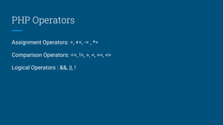 PHP Operators
Assignment Operators: =, +=, -= , *=
Comparison Operators: ==, !=, >, <, >=, <=
Logical Operators : &&, ||, !
 