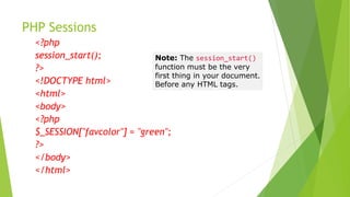 PHP Sessions
<?php
session_start();
?>
<!DOCTYPE html>
<html>
<body>
<?php
$_SESSION["favcolor"] = "green";
?>
</body>
</html>
Note: The session_start()
function must be the very
first thing in your document.
Before any HTML tags.
 