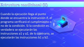 Cuando la ejecución llega al punto
donde se encuentra la instrucción if, el
programa verificará el cumplimiento o
no de la condición. Si la condición es
verdadera se ejecutarán las
instrucciones a1 y a2, de lo contrario, se
ejecutarán las instrucciones b1 y b2.
 