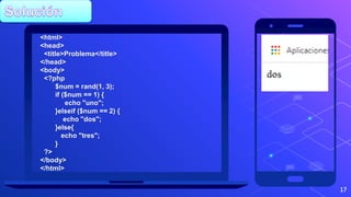 17
<html>
<head>
<title>Problema</title>
</head>
<body>
<?php
$num = rand(1, 3);
if ($num == 1) {
echo "uno";
}elseif ($num == 2) {
echo "dos";
}else{
echo "tres";
}
?>
</body>
</html>
 