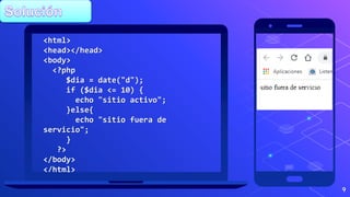 9
<html>
<head></head>
<body>
<?php
$dia = date("d");
if ($dia <= 10) {
echo "sitio activo";
}else{
echo "sitio fuera de
servicio";
}
?>
</body>
</html>
 