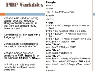PHPVariables
• Variables are used for storing
values, such as numbers,
strings or function results, so
that they can be used many
times in a script.
• All variables in PHP start with a
$ sign symbol.
• Variables are assigned using
the assignment operator "="
• Variable names are case
sensitive in PHP: $name is not
the same as $NAME or $Name.
• In PHP a variable does not
need to be declared before
being set.
Example:
<html>
<head>
<title>My first PHP page</title>
</head>
<body>
<?php
$var1 = 'PHP'; // Assigns a value of 'PHP' to
$var1
$var2 = 5; // Assigns a value of 5 to $var2
$var3 = $var2 + 1; // Assigns a value of 6 to
$var3
$var2 = $var1; // Assigns a value of 'PHP' to $var2
echo $var1; // Outputs 'PHP‘
echo "<br/>";
echo $var2; // Outputs 'PHP'
echo "<br/>";
echo $var3; // Outputs '6'
echo "<br/>";
echo $var1 . ' rules!'; // Outputs 'PHP rules!'
echo "$var1 rules!"; // Outputs 'PHP rules!'
echo '$var1 rules!'; // Outputs '$var1 rules!‘
?>
 