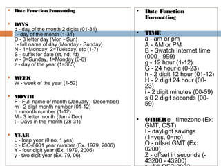  Date Function Formatting
 DAYS
d - day of the month 2 digits (01-31)
j - day of the month (1-31)
D - 3 letter day (Mon - Sun)
l - full name of day (Monday - Sunday)
N - 1=Monday, 2=Tuesday, etc (1-7)
S - suffix for date (st, nd, rd)
w - 0=Sunday, 1=Monday (0-6)
z - day of the year (1=365)
 WEEK
W - week of the year (1-52)
 MONTH
F - Full name of month (January - December)
m - 2 digit month number (01-12)
n - month number (1-12)
M - 3 letter month (Jan - Dec)
t - Days in the month (28-31)
 YEAR
L - leap year (0 no, 1 yes)
o - ISO-8601 year number (Ex. 1979, 2006)
Y - four digit year (Ex. 1979, 2006)
y - two digit year (Ex. 79, 06)
• Date Function
Formatting
• TIME
a - am or pm
A - AM or PM
B - Swatch Internet time
(000 - 999)
g - 12 hour (1-12)
G - 24 hour c (0-23)
h - 2 digit 12 hour (01-12)
H - 2 digit 24 hour (00-
23)
i - 2 digit minutes (00-59)
s 0 2 digit seconds (00-
59)
• OTHERe - timezone (Ex:
GMT, CST)
I - daylight savings
(1=yes, 0=no)
O - offset GMT (Ex:
0200)
Z - offset in seconds (-
43200 - 43200)
 