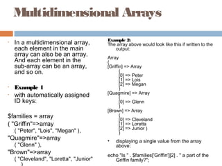 Multidimensional Arrays
• In a multidimensional array,
each element in the main
array can also be an array.
And each element in the
sub-array can be an array,
and so on.
• Example 1
• with automatically assigned
ID keys:
$families = array
( "Griffin"=>array
( "Peter", "Lois", "Megan" ),
"Quagmire"=>array
( "Glenn" ),
"Brown"=>array
( "Cleveland", "Loretta", "Junior"
)
Example 2:
The array above would look like this if written to the
output:
Array
(
[Griffin] => Array
(
[0] => Peter
[1] => Lois
[2] => Megan
)
[Quagmire] => Array
(
[0] => Glenn
)
[Brown] => Array
(
[0] => Cleveland
[1] => Loretta
[2] => Junior )
)
• displaying a single value from the array
above:
echo "Is " . $families['Griffin'][2] . " a part of the
Griffin family?";
 