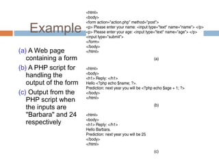 Example
(a) A Web page
containing a form
(b) A PHP script for
handling the
output of the form
(c) Output from the
PHP script when
the inputs are
"Barbara" and 24
respectively
 