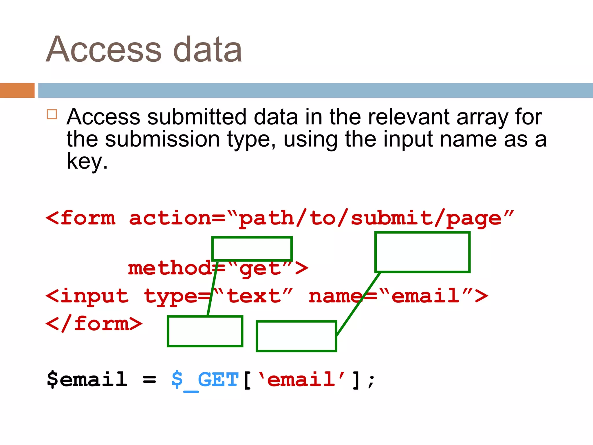 Access data
 Access submitted data in the relevant array for
the submission type, using the input name as a
key.
<form action=“path/to/submit/page”
method=“get”>
<input type=“text” name=“email”>
</form>
$email = $_GET[‘email’];
 