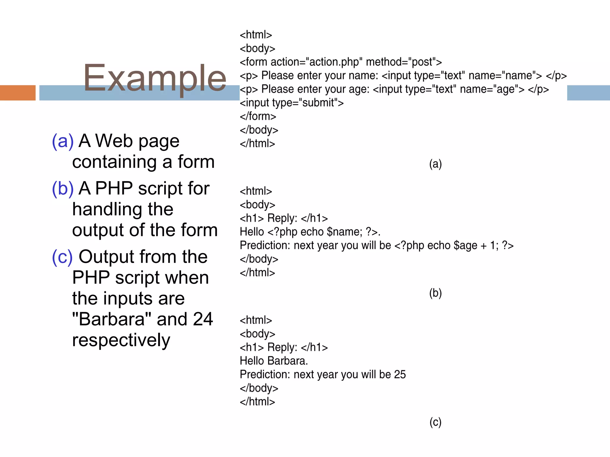 Example
(a) A Web page
containing a form
(b) A PHP script for
handling the
output of the form
(c) Output from the
PHP script when
the inputs are
"Barbara" and 24
respectively
 