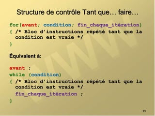 Structure de contrôle Tant que… faire…
for(avant; condition; fin_chaque_itération)
{ /* Bloc d’instructions répété tant que la
condition est vraie */
}
Équivalent à:
avant ;
while (condition)
{ /* Bloc d’instructions répété tant que la
condition est vraie */
fin_chaque_itération ;
}
23
 