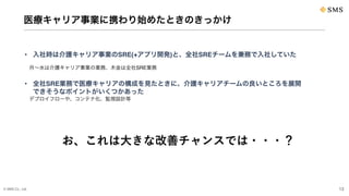 © SMS Co., Ltd. 13
医療キャリア事業に携わり始めたときのきっかけ
• 全社SRE業務で医療キャリアの構成を見たときに、介護キャリアチームの良いところを展開
できそうなポイントがいくつかあった
デプロイフローや、コンテナ化、監視設計等
• 入社時は介護キャリア事業のSRE(+アプリ開発)と、全社SREチームを兼務で入社していた
月〜水は介護キャリア事業の業務、木金は全社SRE業務
お、これは大きな改善チャンスでは・・・？
 