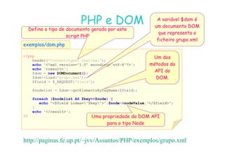 07
07-
-11
11-
-10
10 http://www.fe.up.pt/~jvv/
http://www.fe.up.pt/~jvv/ 41
41
PHP
PHP e DOM
e DOM
?php
header('Content-type: text/xml');
echo '?xml version=1.0 encoding=utf-8?';
echo 'result';
$dom = new DOMDocument();
$dom-load('grupo.xml');
exemplos/
exemplos/dom.php
dom.php
Define o tipo de documento gerado por este
script PHP
A variável $dom é
um documento DOM
que representa o
ficheiro grupo.xml
Um dos
métodos da
API do
DOM.
$dom-load('grupo.xml');
$field = $_REQUEST['field'];
$nodelist = $dom-getElementsByTagName($field);
foreach ($nodelist AS $key=$node) {
echo $field index=$key.$node-nodeValue./$field;
}
echo '/result';
?
DOM.
Uma propriedade da DOM API
para o tipo Node
http://paginas.fe.up.pt/~jvv/Assuntos/PHP/exemplos/grupo.xml
 