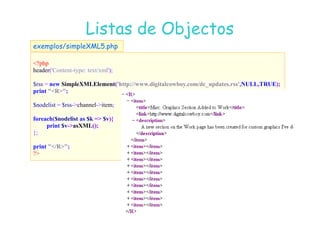 07
07-
-11
11-
-10
10 http://www.fe.up.pt/~jvv/
http://www.fe.up.pt/~jvv/ 47
47
Listas de Objectos
Listas de Objectos
?php
header('Content-type: text/xml');
$rss = new SimpleXMLElement('http://www.digitalcowboy.com/dc_updates.rss', ULL,TRUE);
print R;
$nodelist = $rss-channel-item;
exemplos/simpleXML5.php
foreach($nodelist as $k = $v){
print $v-asXML();
};
print /R;
?
 