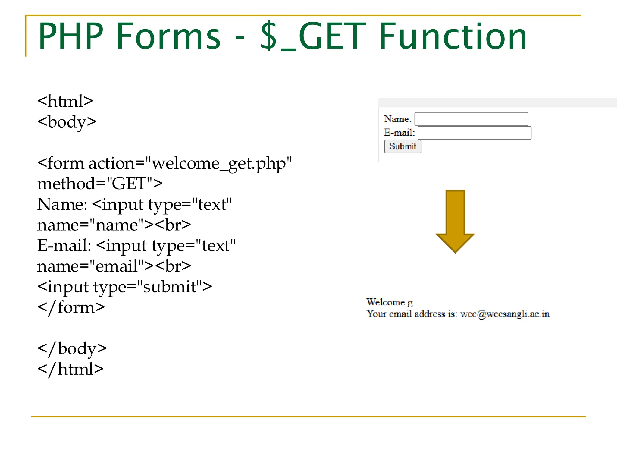 PHP Forms - $_GET Function <html> <body> <form action="welcome_get.php" method="GET"> Name: <input type="text" name="name"><br> E-mail: <input type="text" name="email"><br> <input type="submit"> </form> </body> </html> 