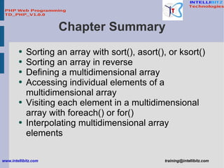 Chapter Summary <ul><li>Sorting an array with sort(), asort(), or ksort()  </li></ul><ul><li>Sorting an array in reverse <...