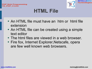HTML File <ul><li>An HTML file must have an  htm or  html file extension </li></ul><ul><li>An HTML file can be created usi...