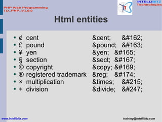 Html entities <ul><li>¢  cent  &cent;  &#162; </li></ul><ul><li>£  pound  &pound;  &#163; </li></ul><ul><li>¥  yen  &yen; ...