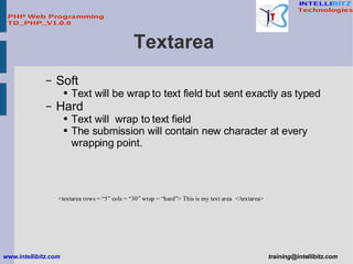 Textarea  <ul><ul><li>Soft </li></ul></ul><ul><ul><ul><li>Text will be wrap to text field but sent exactly as typed </li><...