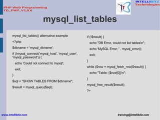 mysql_list_tables mysql_list_tables() alternative example <?php $dbname = 'mysql_dbname'; if (!mysql_connect('mysql_host',...
