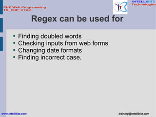 Regex can be used for  <ul><li>Finding doubled words </li></ul><ul><li>Checking inputs from web forms </li></ul><ul><li>Ch...
