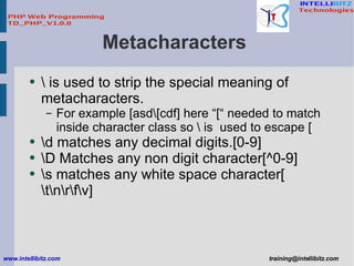 Metacharacters  <ul><li>\ is used to strip the special  meaning of  metacharacters. </li></ul><ul><ul><li>For example [asd...
