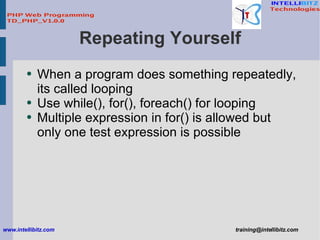 Repeating Yourself <ul><li>When a program does something repeatedly, its called looping </li></ul><ul><li>Use while(), for...