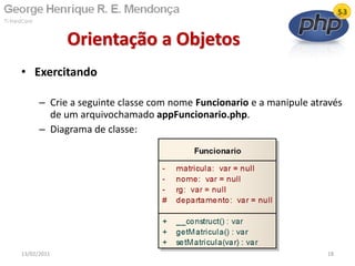 • Exercitando
– Crie a seguinte classe com nome Funcionario e a manipule através
de um arquivochamado appFuncionario.php.
– Diagrama de classe:
Orientação a Objetos
13/02/2011 18
 