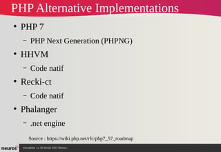 nAcademy Le 26 février 2015 Neuros -
PHP Alternative Implementations
Source : https://wiki.php.net/rfc/php7_57_roadmap
●
PHP 7
– PHP Next Generation (PHPNG)
●
HHVM
– Code natif
●
Recki-ct
– Code natif
●
Phalanger
– .net engine
 