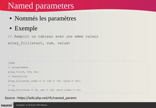 nAcademy Le 26 février 2015 Neuros -
Named parameters
● Nommés les paramètres
● Exemple
// Remplit un tableau avec une même valeur
array_fill(start, num, value)
Source : https://wiki.php.net/rfc/named_params
<?php
// Actuellement
array_fill(0, 100, 42);
// Possibilité
array_fill(start_index => 0, num => 100, value => 42);
// ou
array_fill(value => 42, num => 100, start_index => 0);
 